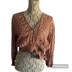 Madewell Pink Floral Long Sleeve Crop Shirt with Bow Tie Waist